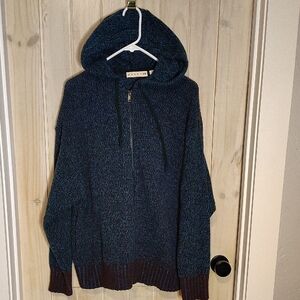 Marni X Uniqlo Women's Zip-Up Hooded Sweater in Blue and Brown With Pockets Med